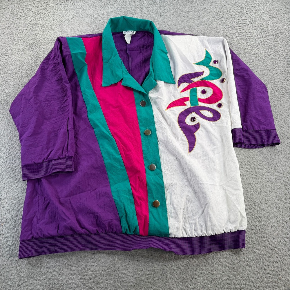 Vintage Regal Polyester Shirt Women XL Purple Colorblock 80s Shoulder Pads